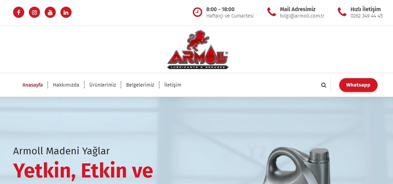 Armoll Madeni Yağlar web sitesi ana sayfası
